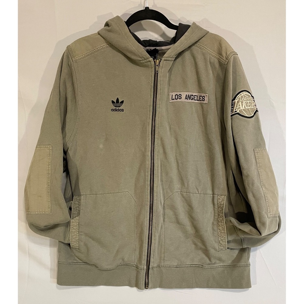 ADIDAS MENS SIZE LARGE VINTAGE NBA LA LAKERS FULL ZIP ARMY GREEN HOODIE Y2K